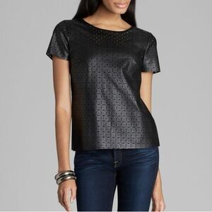 Banana Republic Perforated Laser Cut Faux Leather Top Black Short Sleeve Large